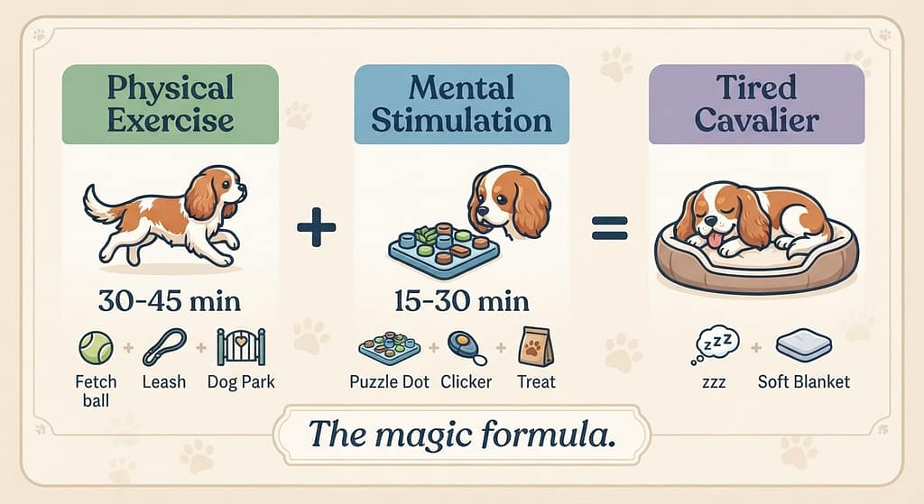 Energy formula graphic Physical Exercise (30-45 min) + Mental Stimulation (15-30 min) = Tired Cavalier. Text: "The magic formula."