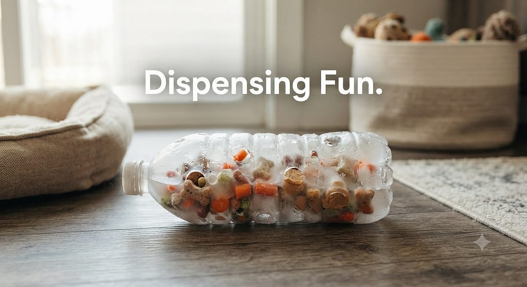 Bottle dispenser photo Plastic water bottle with holes, filled with frozen treats. Text: "Dispensing fun."