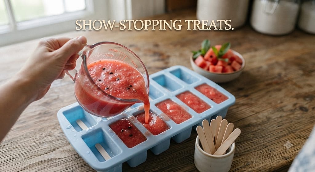 Popsicle assembly photo Pouring watermelon mixture into popsicle molds. Text: "Show-stopping treats."