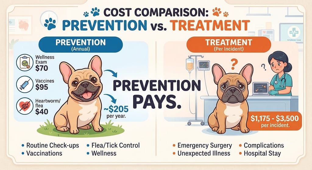 Cost comparison graphic Prevention (Annual): ~$205 vs. Treatment: $1,175-$3,500 per incident. Text: "Prevention pays."