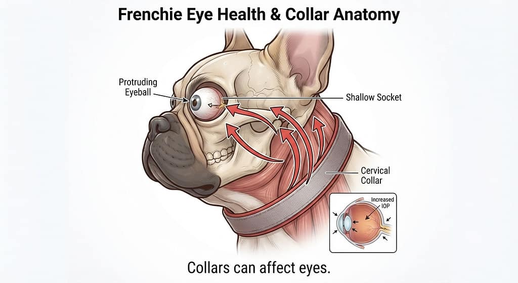 Frenchie eye diagram Protruding eye, shallow socket, pressure arrows from neck to eye. Text: "Collars can affect eyes."