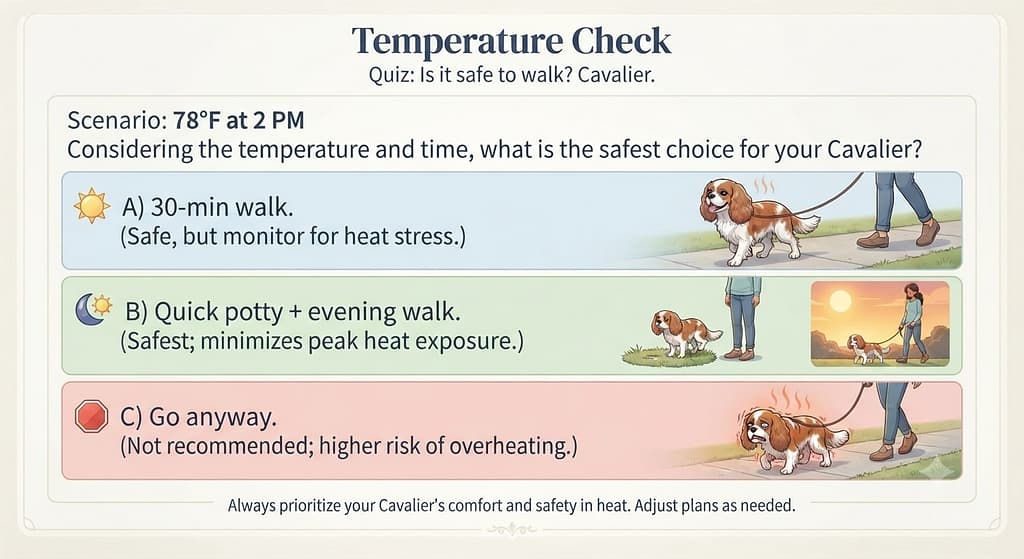 Quiz graphic 78°F at 2 PM: A) 30-min walk / B) Quick potty + evening walk / C) Go anyway. Text: "Is it safe to walk?"