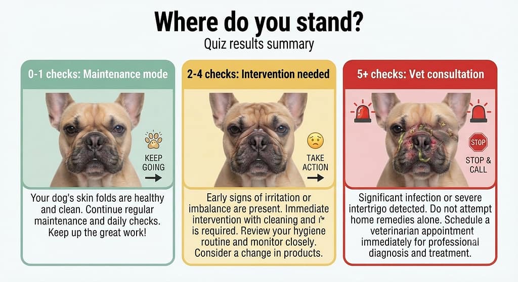 Quiz results graphic 0-1 checks: Maintenance mode / 2-4 checks: Intervention needed / 5+ checks: Vet consultation. Text: "Where do you stand?"