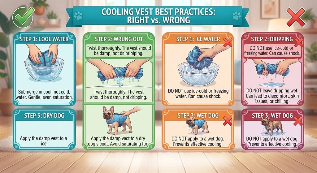 Right/Wrong comparison ✅ Cool water, wrung out, dry dog / ❌ Ice water, dripping, wet dog.