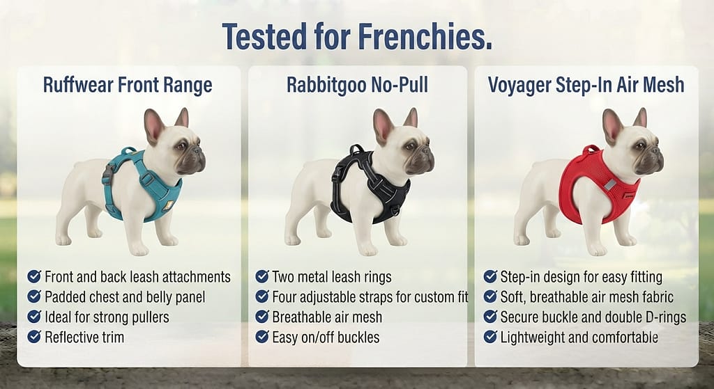 Product grid (3 images) Ruffwear Front Range, Rabbitgoo No-Pull, Voyager Step-In Air Mesh. Text: "Tested for Frenchies."