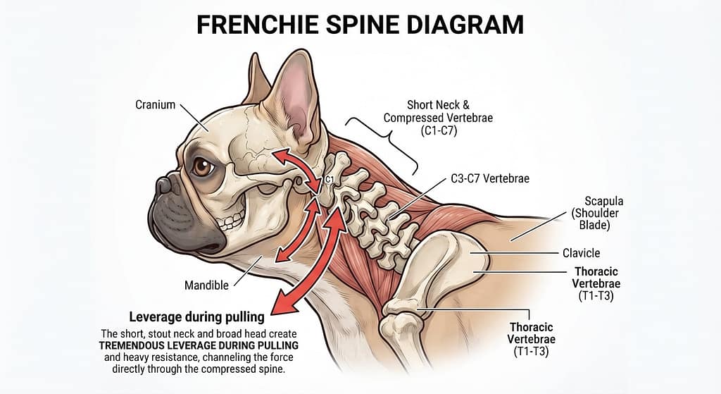 Frenchie spine diagram Short neck with compressed vertebrae, broad head leverage arrows. Text: "Tremendous leverage during pulling."
