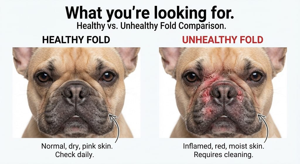 Healthy vs. unhealthy fold comparison Side-by-side: Healthy pink skin vs. red/irritated fold. Text: "What you're looking for."