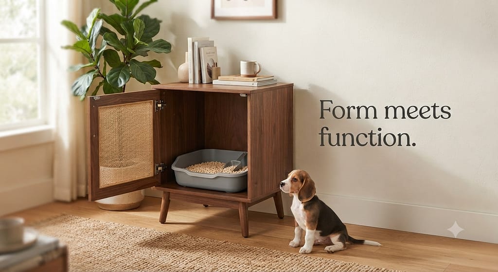Furniture potty hero photo Side table-style cabinet with potty inside. Text: "Form meets function."
