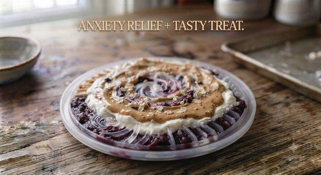 Lick mat photo Silicone lick mat with three visible layers. Text: "Anxiety relief + tasty treat."