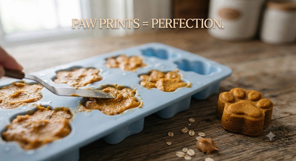 Paw mold close-up Silicone paw mold with pumpkin mixture, finished paw treat. Text: "Paw prints = perfection."
