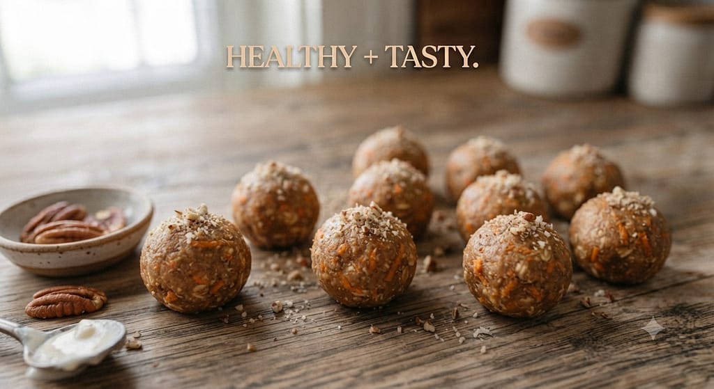 Carrot cake bite photo Small round treats with visible carrot flecks. Text: "Healthy + tasty."