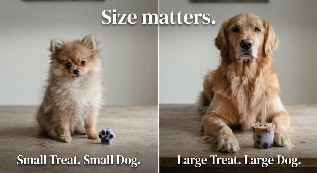 Size comparison photo Small treat next to small dog, large treat next to large dog. Text: "Size matters."