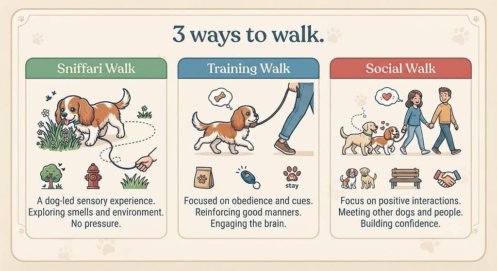 Walk types infographic Sniffari Walk / Training Walk / Social Walk with icons. Text: "3 ways to walk."