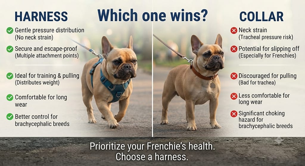 Harness vs collar graphic Split comparison with checkmarks and X's. Text: "Which one wins?"