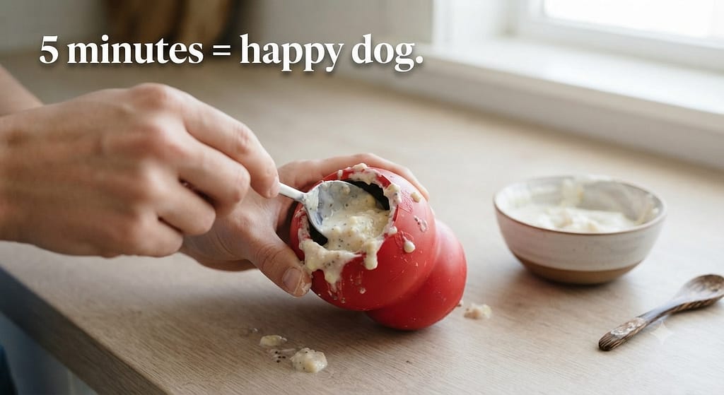 Kong stuffing action photo Spoon filling Kong with yogurt mixture. Text: "5 minutes = happy dog."