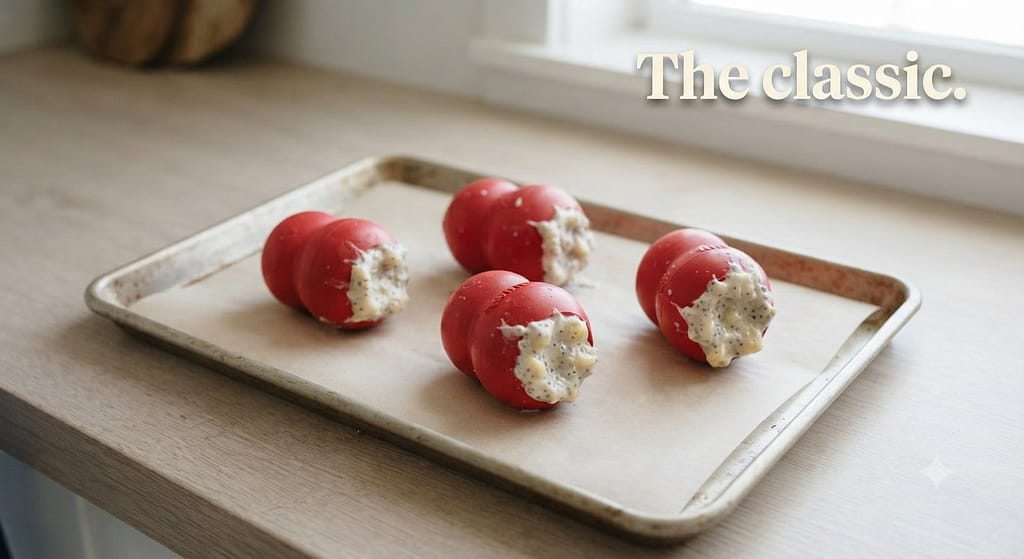 Finished Kong Stuffer photo Stuffed Kong on baking sheet, ready for freezer. Text: "The classic."