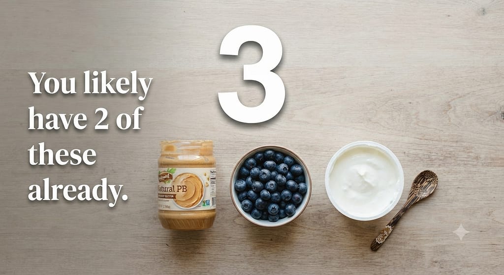 Three ingredients flat lay Three ingredients arranged neatly with "3" graphic. Text: "You likely have 2 of these already."