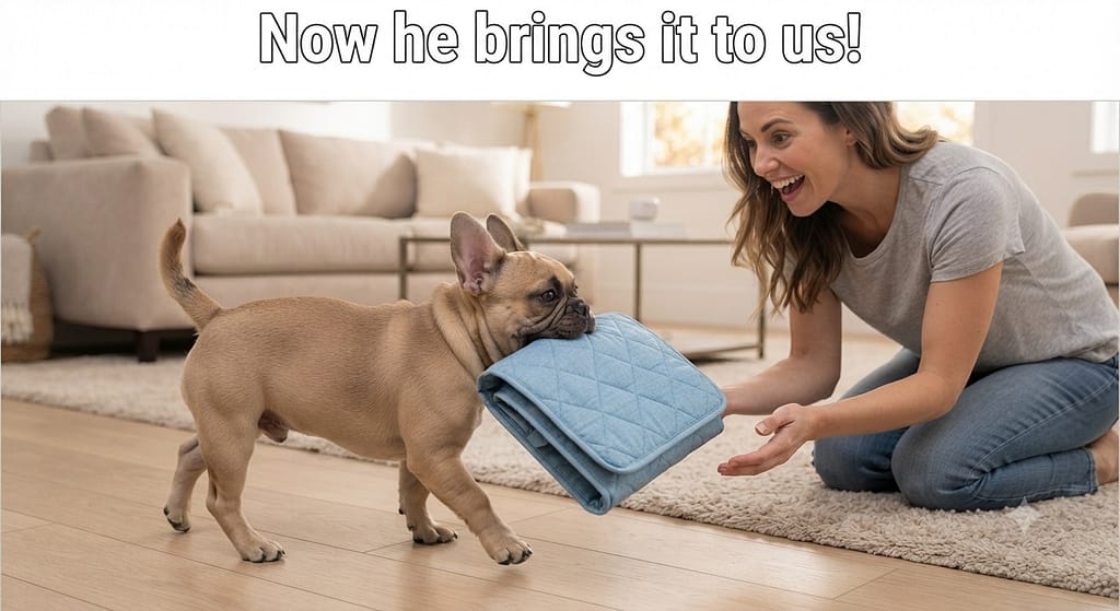 Lulu with self-cooling mat Lulu bringing her cooling mat to owner. Text: "Now she brings it to us!"