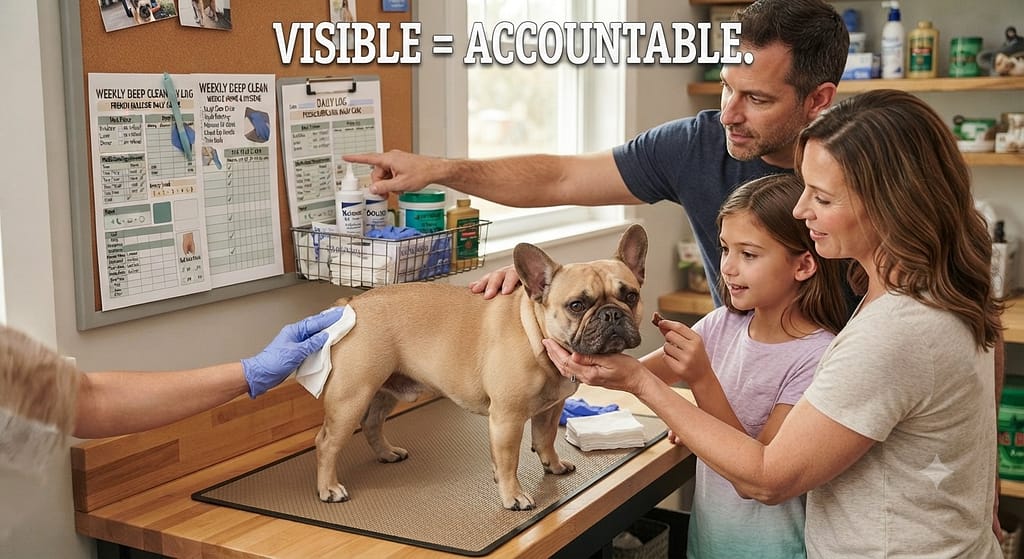 Tracker on grooming station photo Tracker near supplies, family participating. Text: "Visible = accountable."