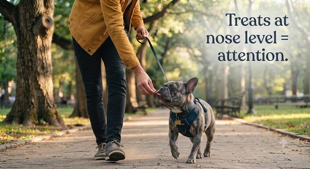 Treat magnet action photo Treat at nose level, Frenchie walking beside. Text: "Treats at nose level = attention."
