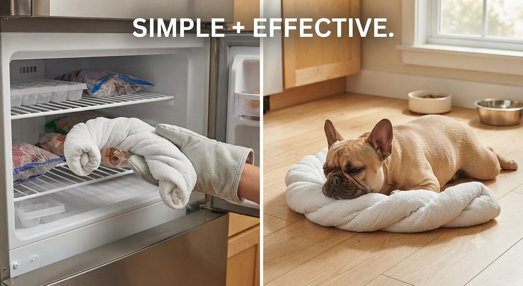 Frozen towel photo Twisted towel frozen flat, Frenchie lying on it. Text: "Simple + effective."