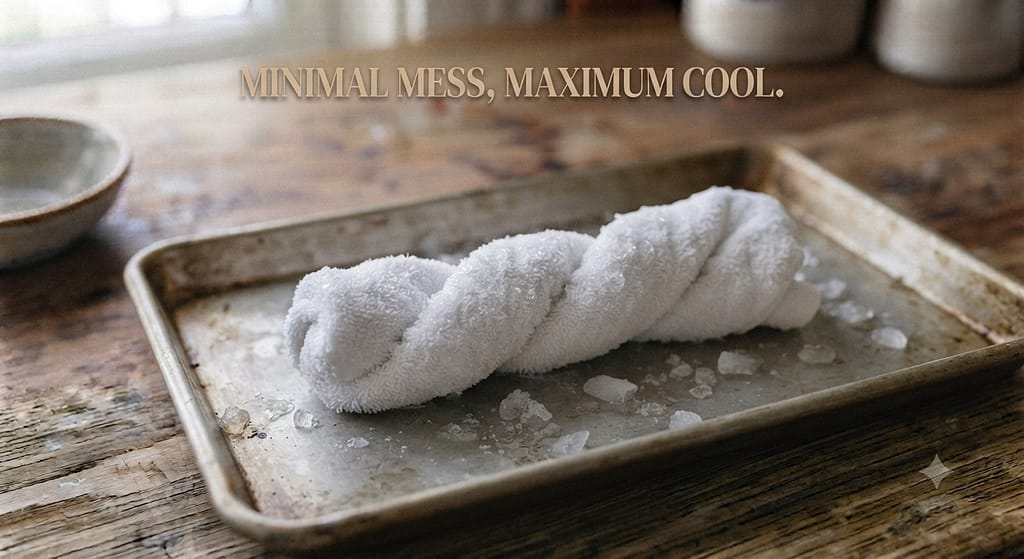 Frozen towel treat photo Twisted towel frozen on baking sheet. Text: "Minimal mess, maximum cool."
