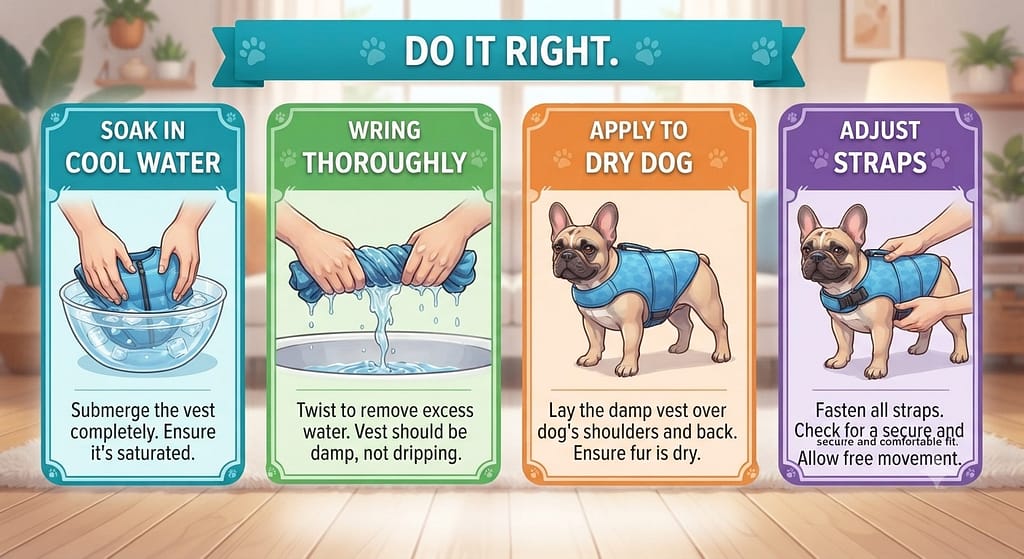 Vest application sequence (4 images) 1. Soak in cool water / 2. Wring thoroughly / 3. Apply to dry dog / 4. Adjust straps. Text: "Do it right."