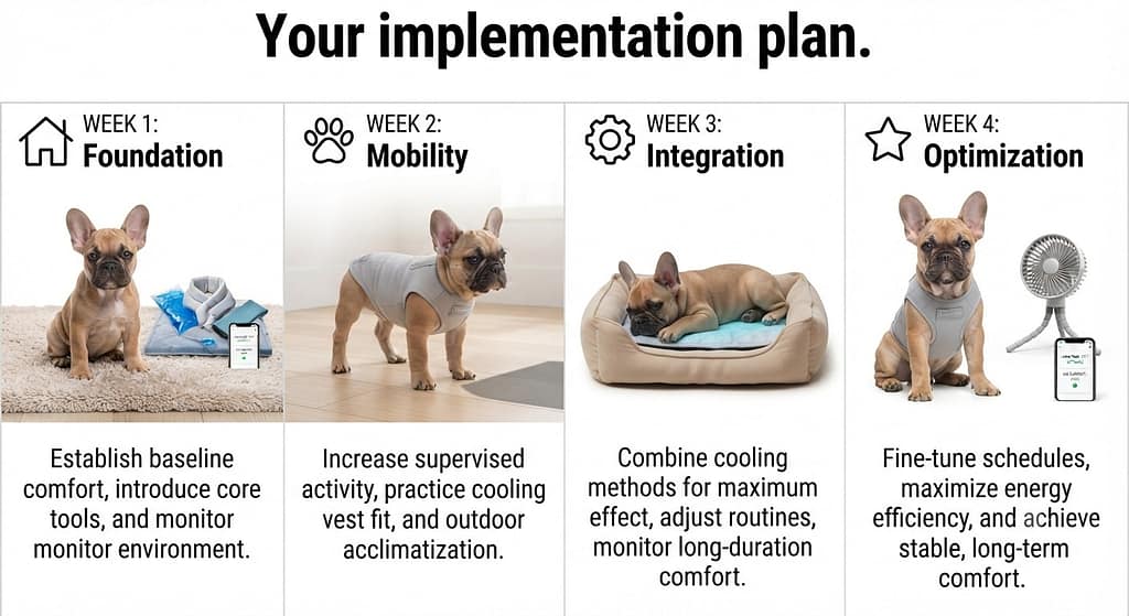 4-week calendar preview Week 1: Foundation / Week 2: Mobility / Week 3: Integration / Week 4: Optimization. Text: "Your implementation plan."