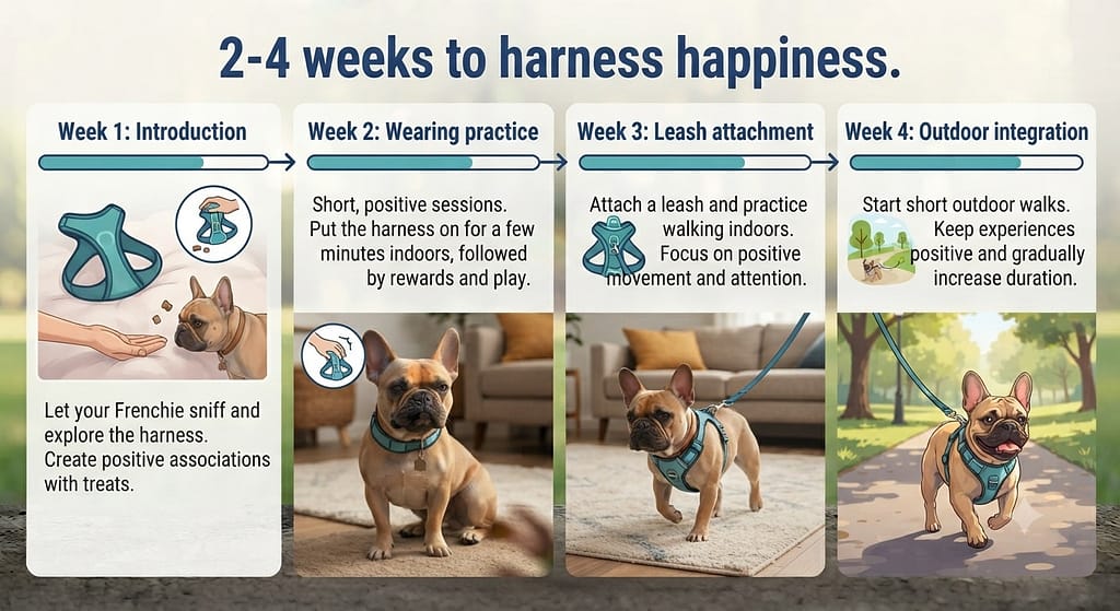 Transition timeline graphic Week 1: Introduction / Week 2: Wearing practice / Week 3: Leash attachment / Week 4: Outdoor integration. Text: "2-4 weeks to harness happiness."