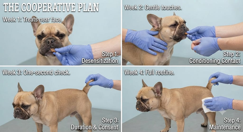 Cooperative conditioning sequence (4 images) Week 1: Treats near face / Week 2: Gentle touches / Week 3: One-second check / Week 4: Full routine. Text: "The cooperative plan."