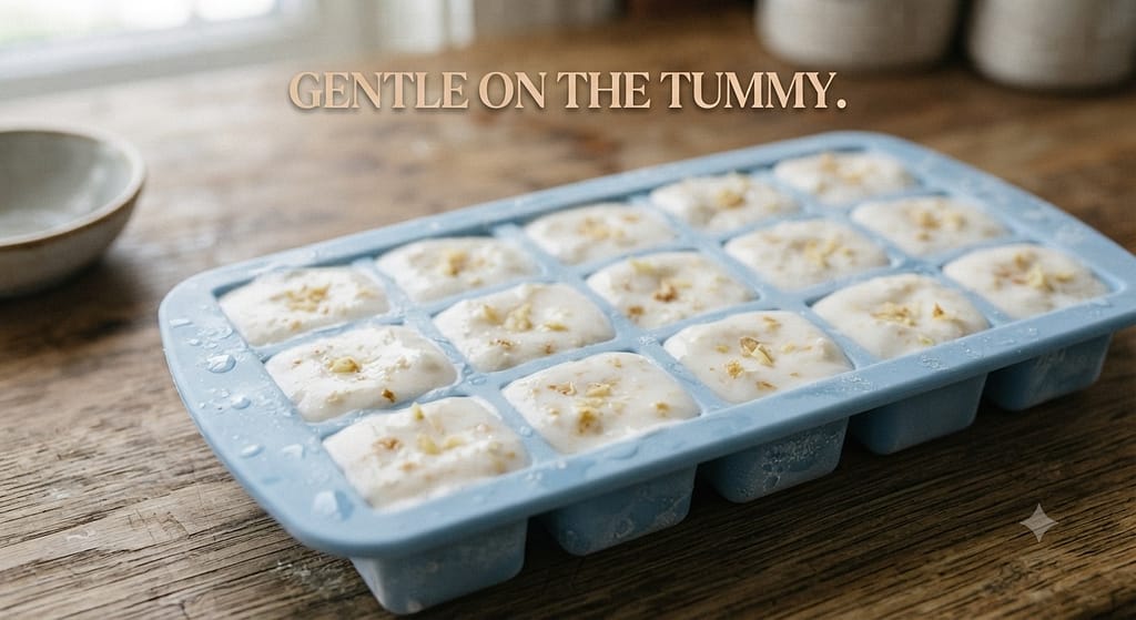 Ginger cube photo Yogurt cubes with visible ginger flecks. Text: "Gentle on the tummy."
