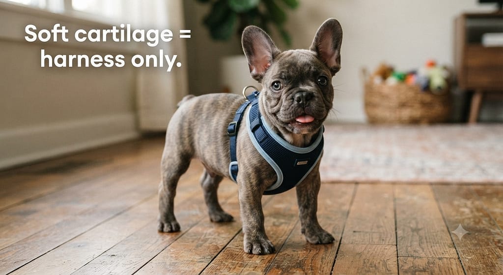 Puppy with harness photo Young Frenchie puppy in step-in harness. Text: "Soft cartilage = harness only."