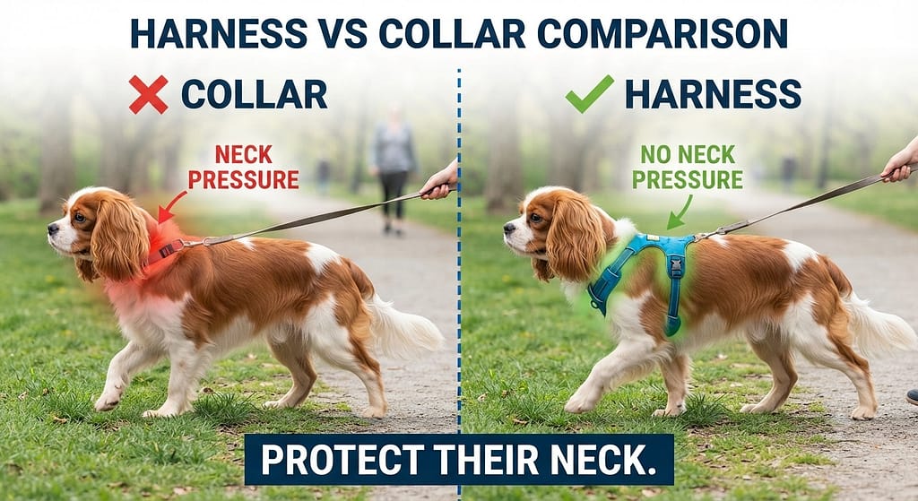 Harness vs collar comparison ❌ Collar (neck pressure) / ✅ Harness (no neck pressure). Text: "Protect their neck."
