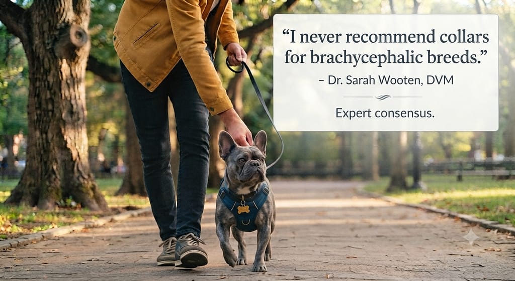 Quote graphic "I never recommend collars for brachycephalic breeds." – Dr. Sarah Wooten, DVM. Text: "Expert consensus."
