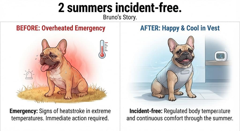 Bruno before/after Before: overheated, emergency. After: happy with cooling vest. Text: "2 summers incident-free."