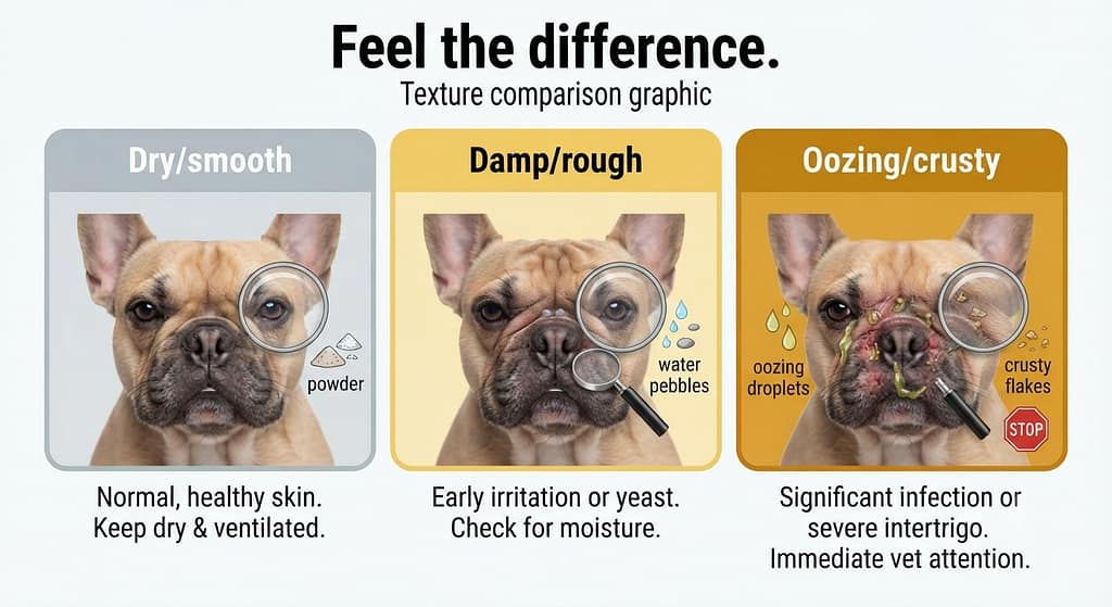 Texture comparison Dry/smooth vs. Damp/rough vs. Oozing/crusty. Text: "Feel the difference."
