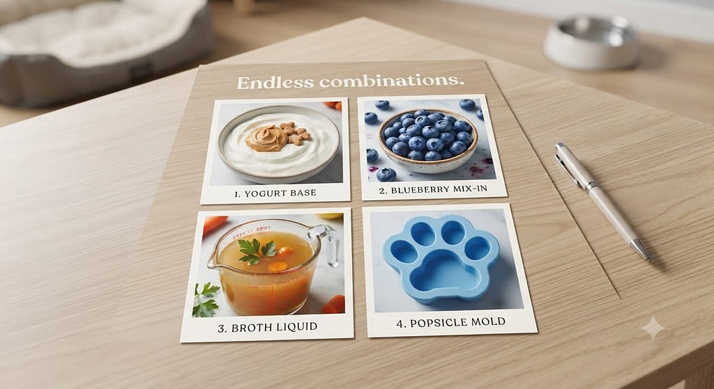 Mix-and-match photo collage 4 small photos: yogurt base, blueberry mix-in, broth liquid, popsicle mold. Text: "Endless combinations."