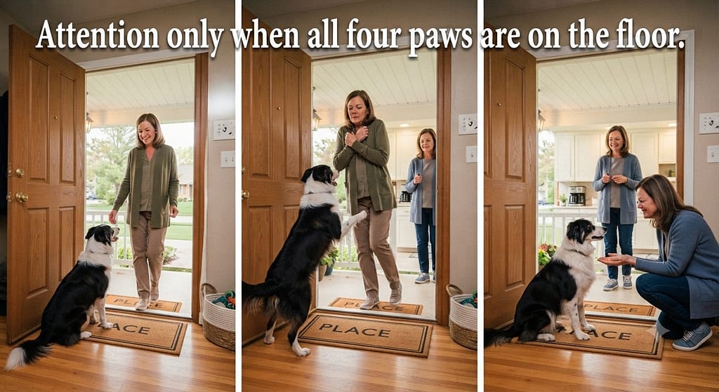 Sit for greetings sequence (3 images) 1. Guest enters / 2. Dog jumps, guest steps back / 3. Dog sits, guest gives attention. Text: "Attention only when all four paws are on the floor."
