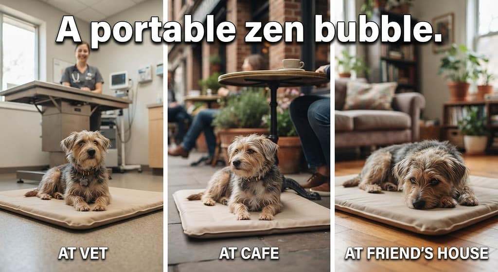 Mat in action collage (3 images) 1. At vet / 2. At cafe / 3. At friend's house. Text: "A portable zen bubble."