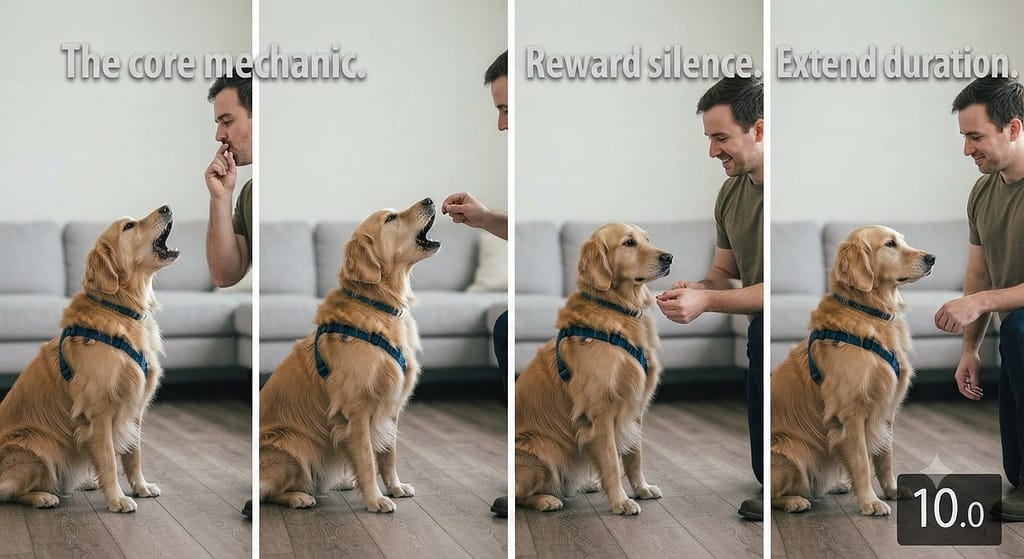 Quiet training sequence (4 images) 1. Bark on cue / 2. Treat to nose interrupt / 3. Reward silence / 4. Extend duration. Text: "The core mechanic."