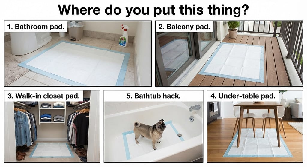Studio setup collage (5 images) 1. Bathroom pad / 2. Balcony pad / 3. Walk-in closet pad / 4. Under table pad / 5. Bathtub hack. Text: "Where do you put this thing?"