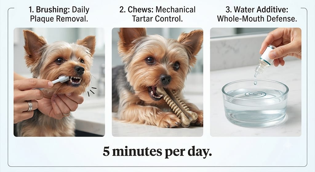 Dental routine sequence (3 images) 1. Brushing / 2. Chews / 3. Water additive. Text: "5 minutes per day."