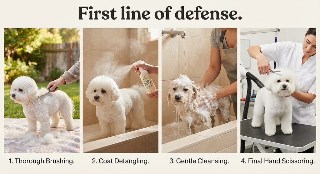 Grooming sequence (4 images) 1. Brushing outside / 2. Bathing with gentle shampoo / 3. Pre-bath spray / 4. Professional groomer. Text: "First line of defense."