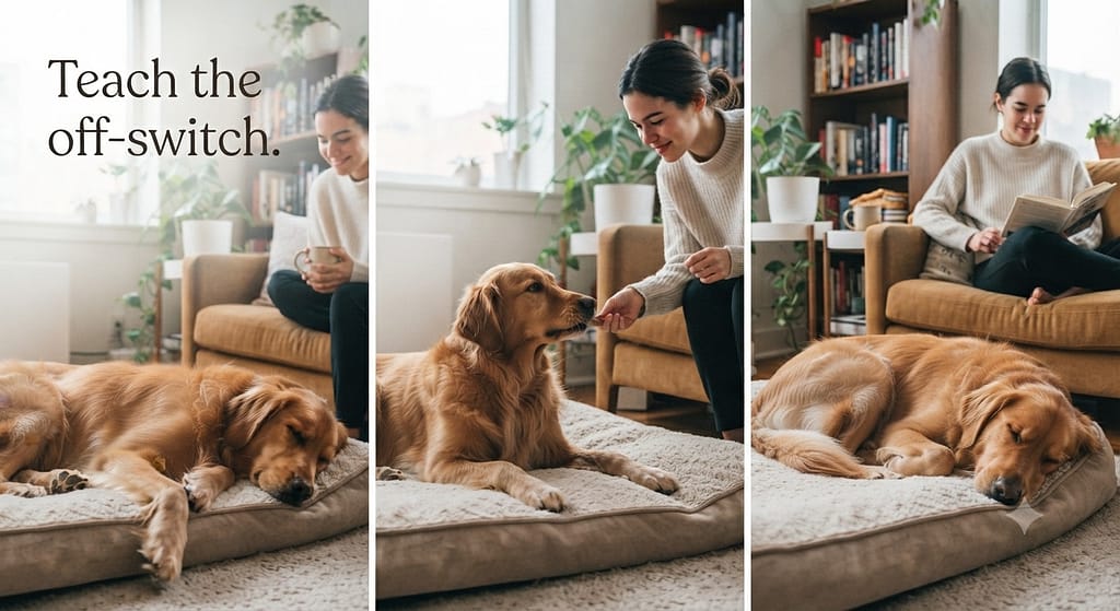 Settle sequence (3 images) 1. Capture calm / 2. Reward gently / 3. Extend duration. Text: "Teach the off-switch."