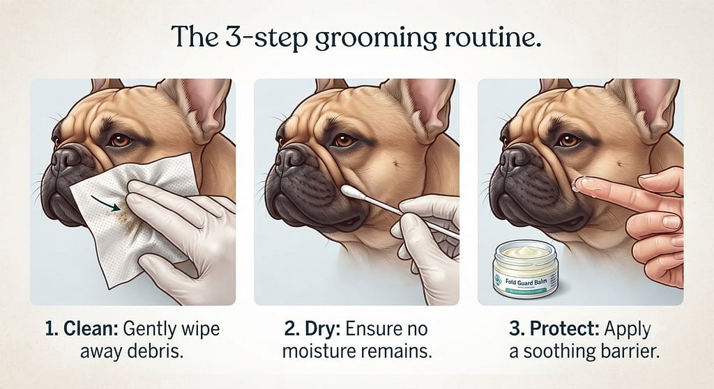Fold cleaning sequence (3 images) 1. Clean / 2. Dry / 3. Protect. Text: "The 3-step grooming routine."