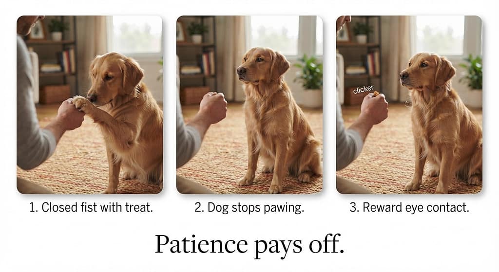 It's Yer Choice sequence (3 images) 1. Closed fist with treat / 2. Dog stops pawing / 3. Reward eye contact. Text: "Patience pays off."