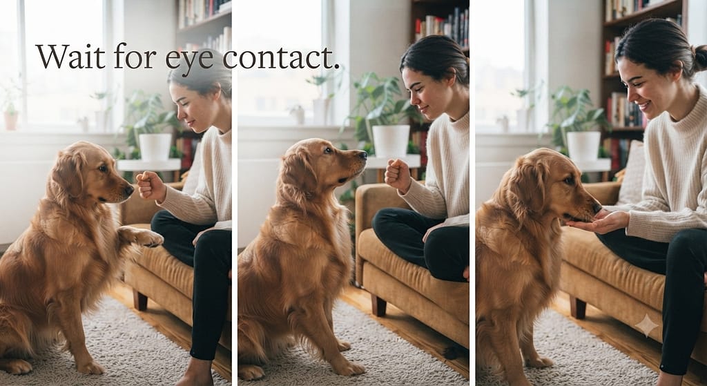 It's Yer Choice sequence (3 images) 1. Closed fist with treat / 2. Dog stops pawing / 3. Reward. Text: "Wait for eye contact."