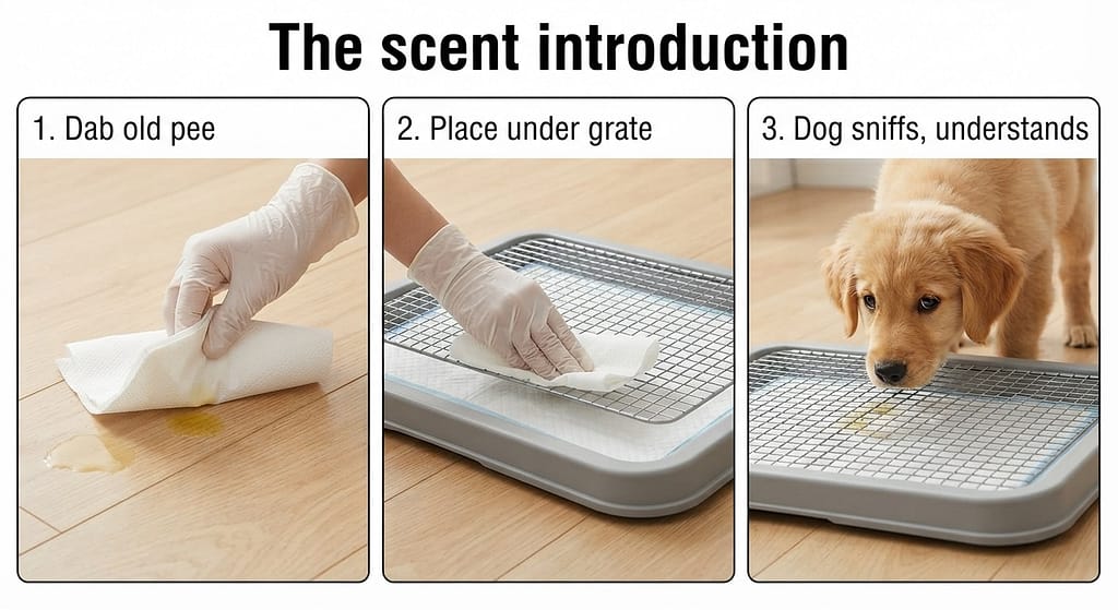 Scent intro sequence (3 images) 1. Dab old pee on paper towel / 2. Place under grate / 3. Dog sniffs, understands. Text: "The scent introduction."