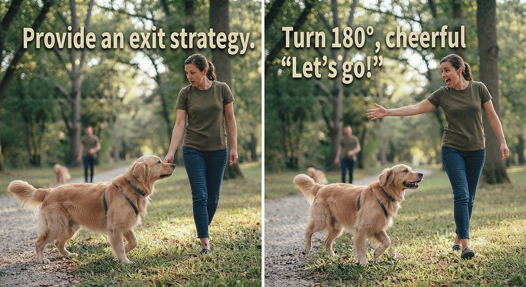 U-turn sequence (2 images) 1. Dog fixating / 2. Turn 180°, cheerful "Let's go!" Text: "Provide an exit strategy."