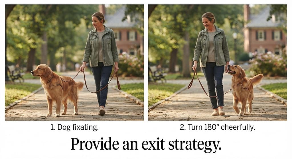 U-turn sequence (2 images) 1. Dog fixating / 2. Turn 180° cheerful. Text: "Provide an exit strategy."